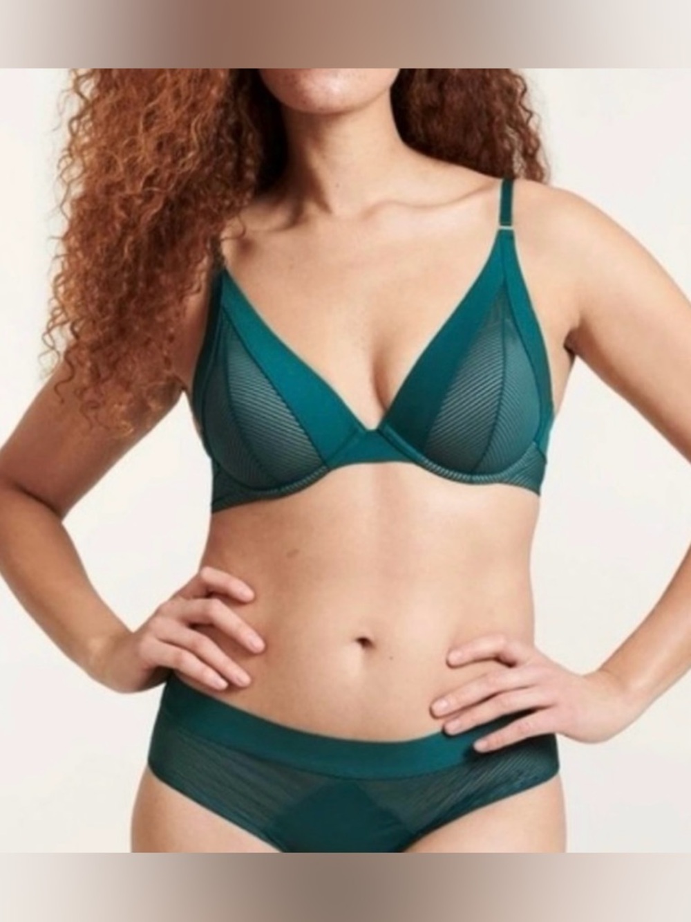 ThirdLove Shadow Stripe Plunge Lace Bra In Teal Green Size 34D
